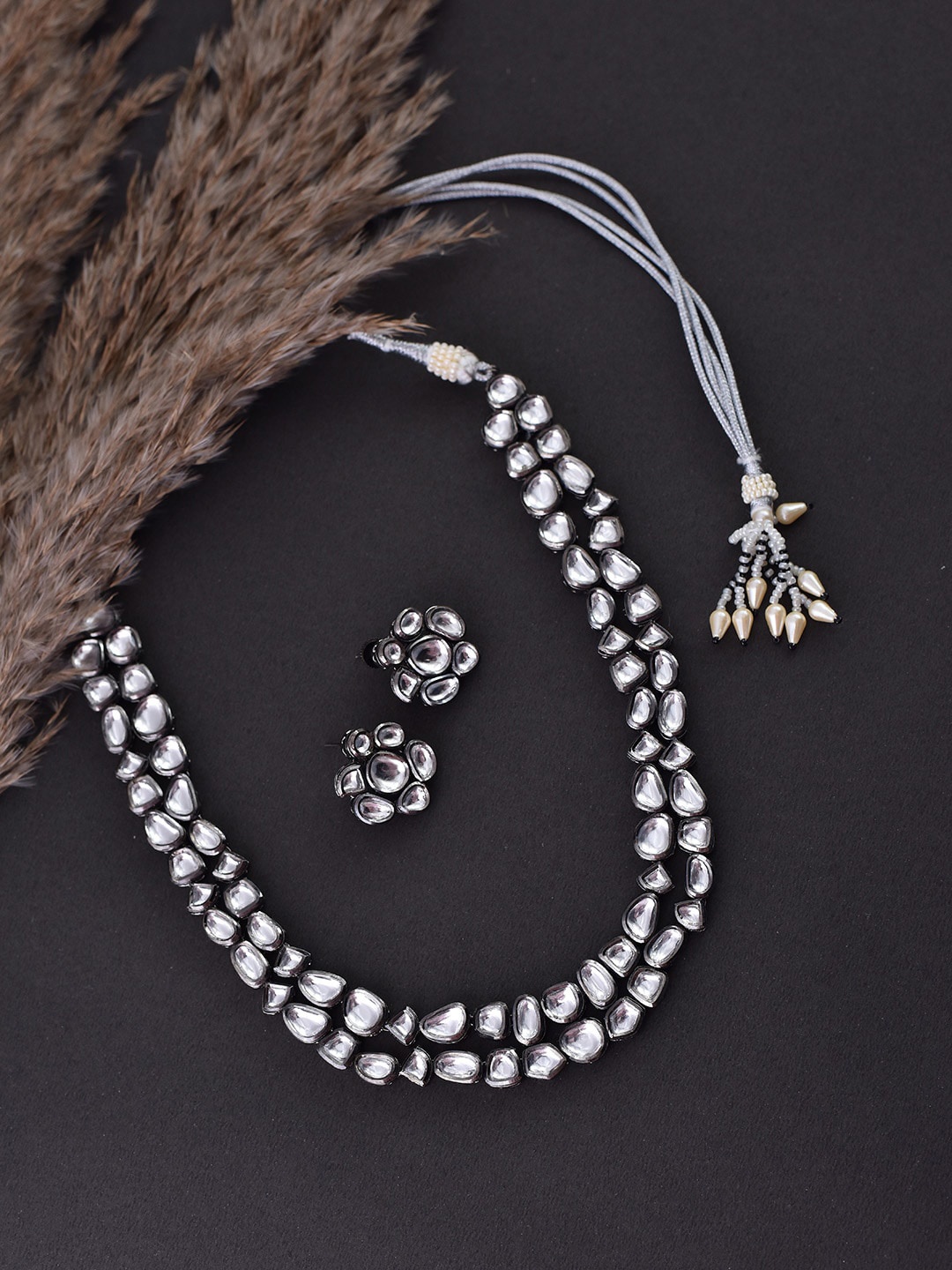 

Swabhimann Jewellery Rhodium-Plated Kundan-Studded Jewellery Set, Silver