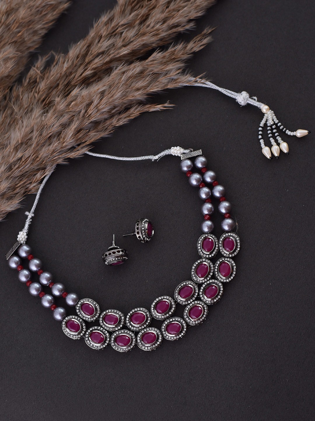 

Swabhimann Jewellery Rhodium-Plated Artificial Stones Necklace & Earrings, Purple