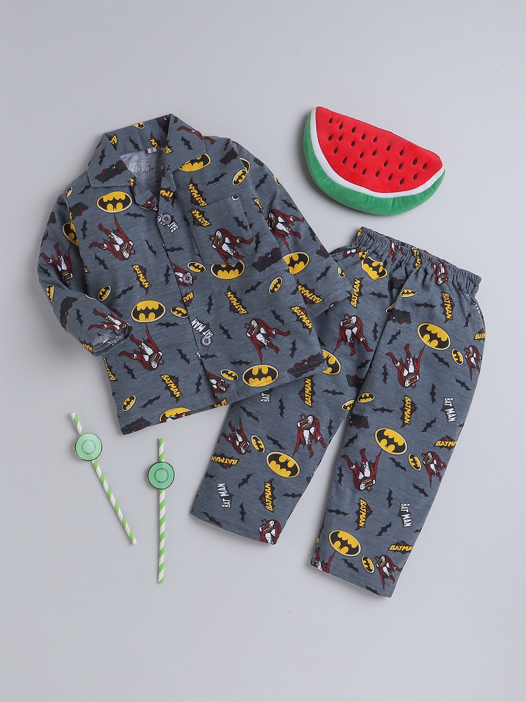 

FOURFOLDS Boys Batman Printed Shirt with Lounge Pants, Grey