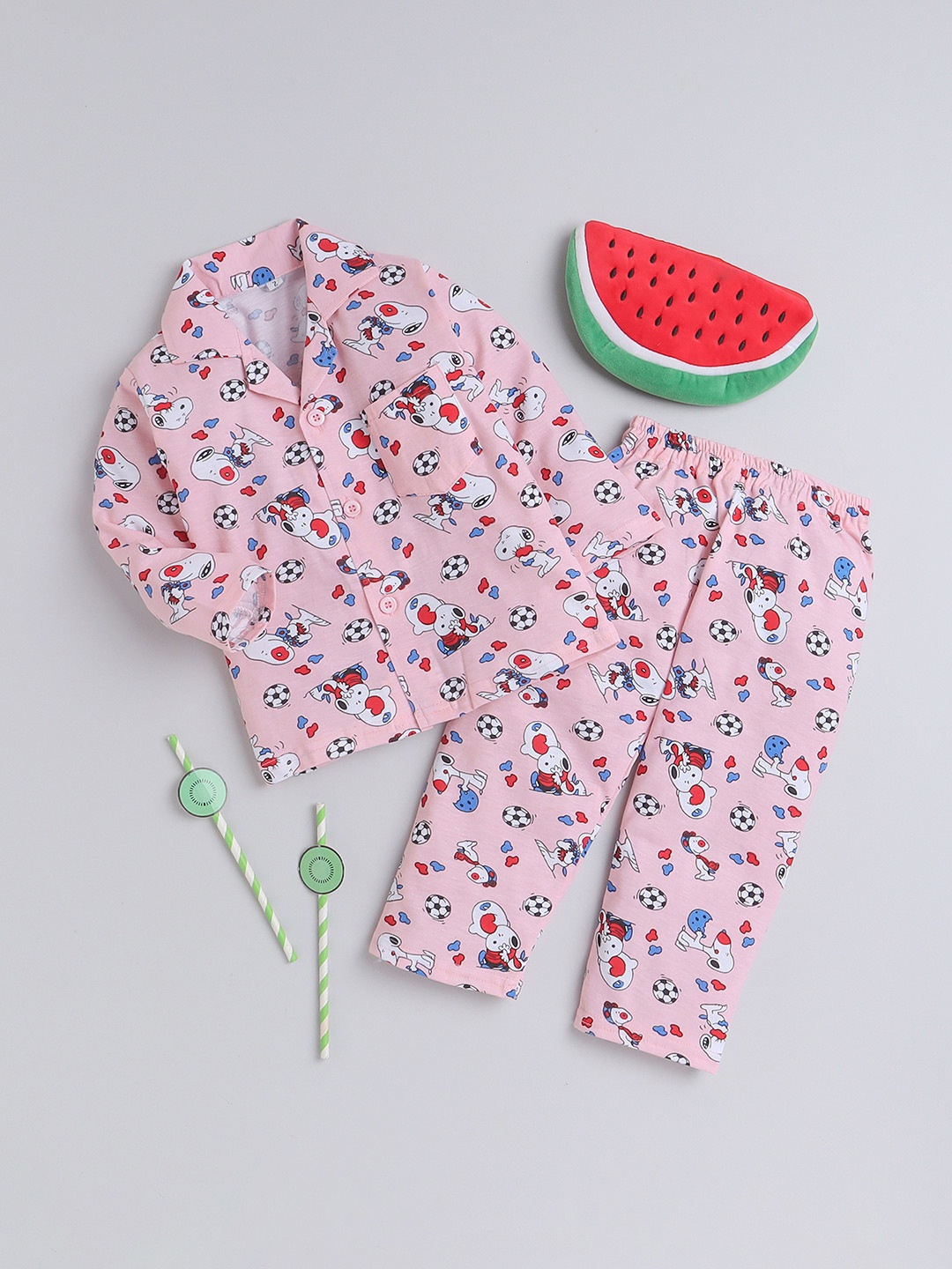

FOURFOLDS Kids Snoppy Printed Shirt with Lounge Pants, Pink
