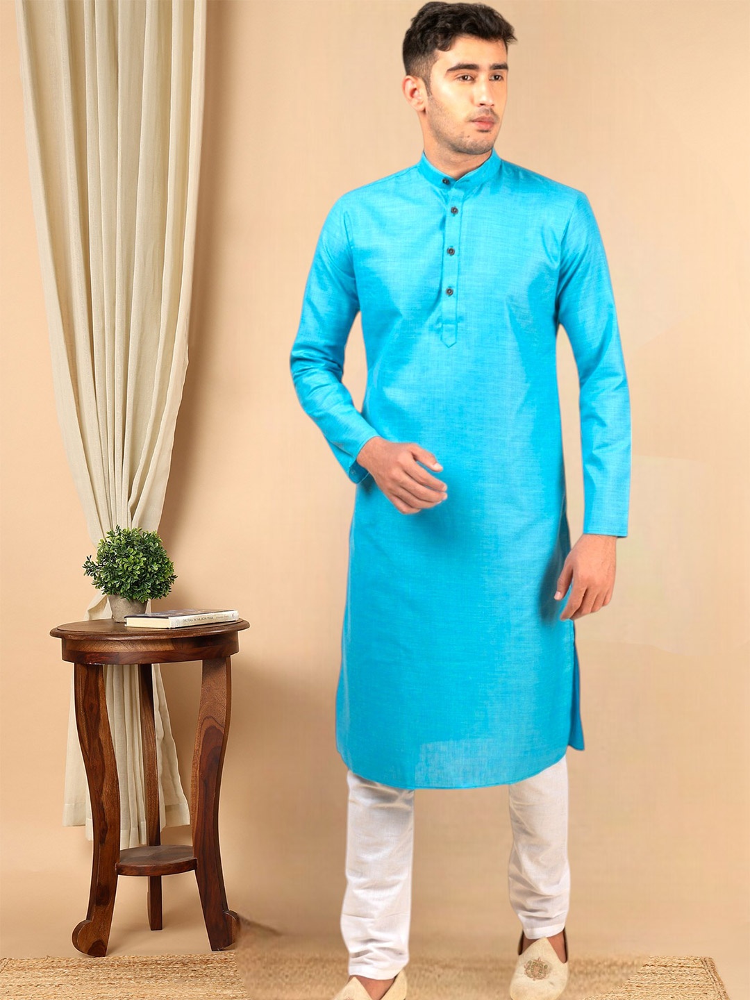 

TATTVA Band Collar Long Sleeve Cotton Kurta Set, Blue