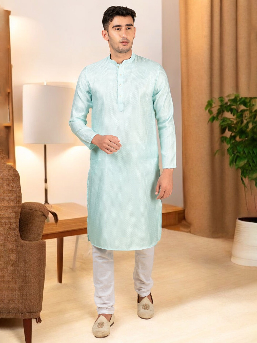 

TATTVA Woven Design Mandarin Collar Long Sleeve Straight Kurta Set, Blue