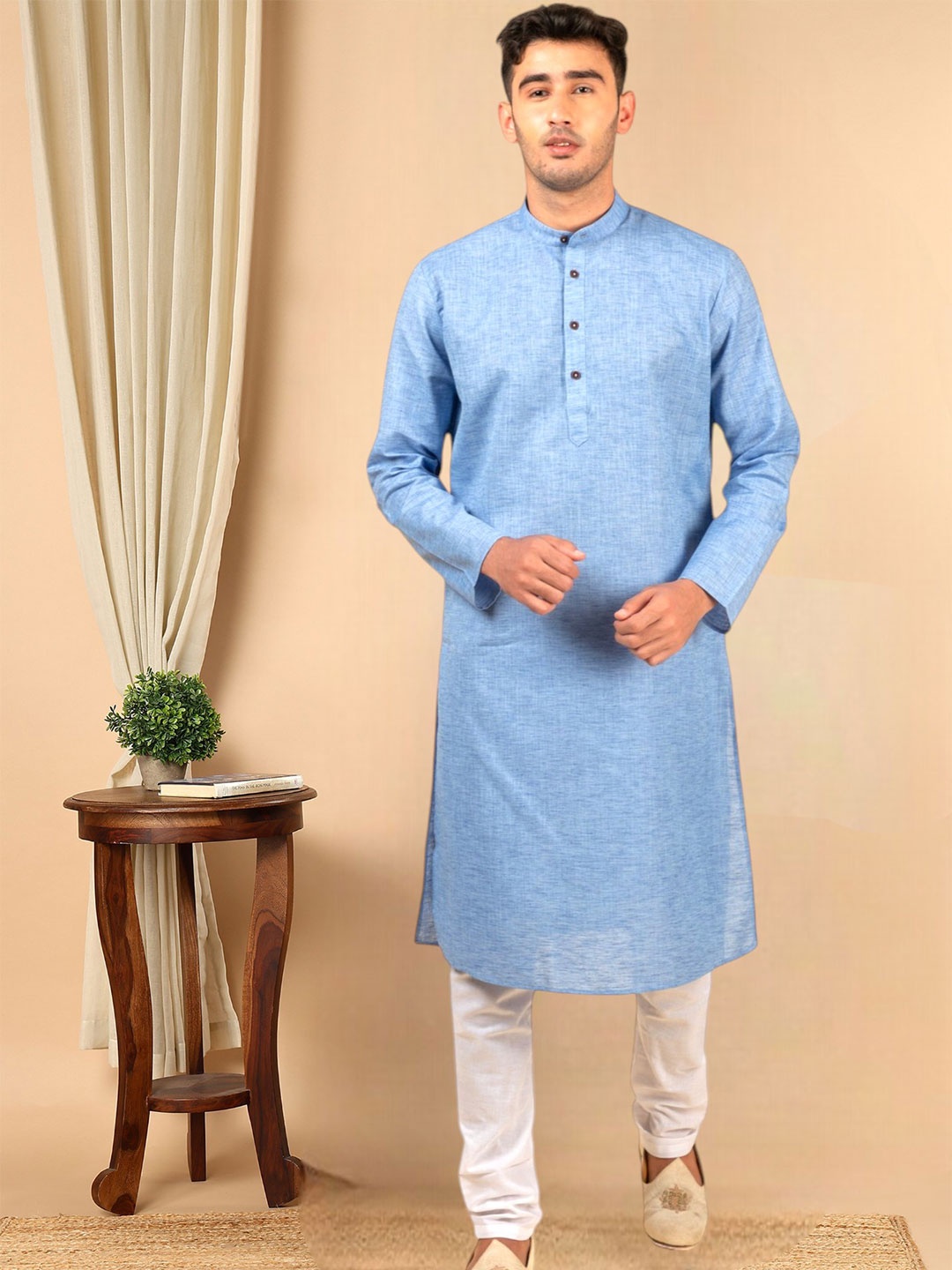 

TATTVA Band Collar Regular Pure Cotton Kurta with Pyjamas, Blue