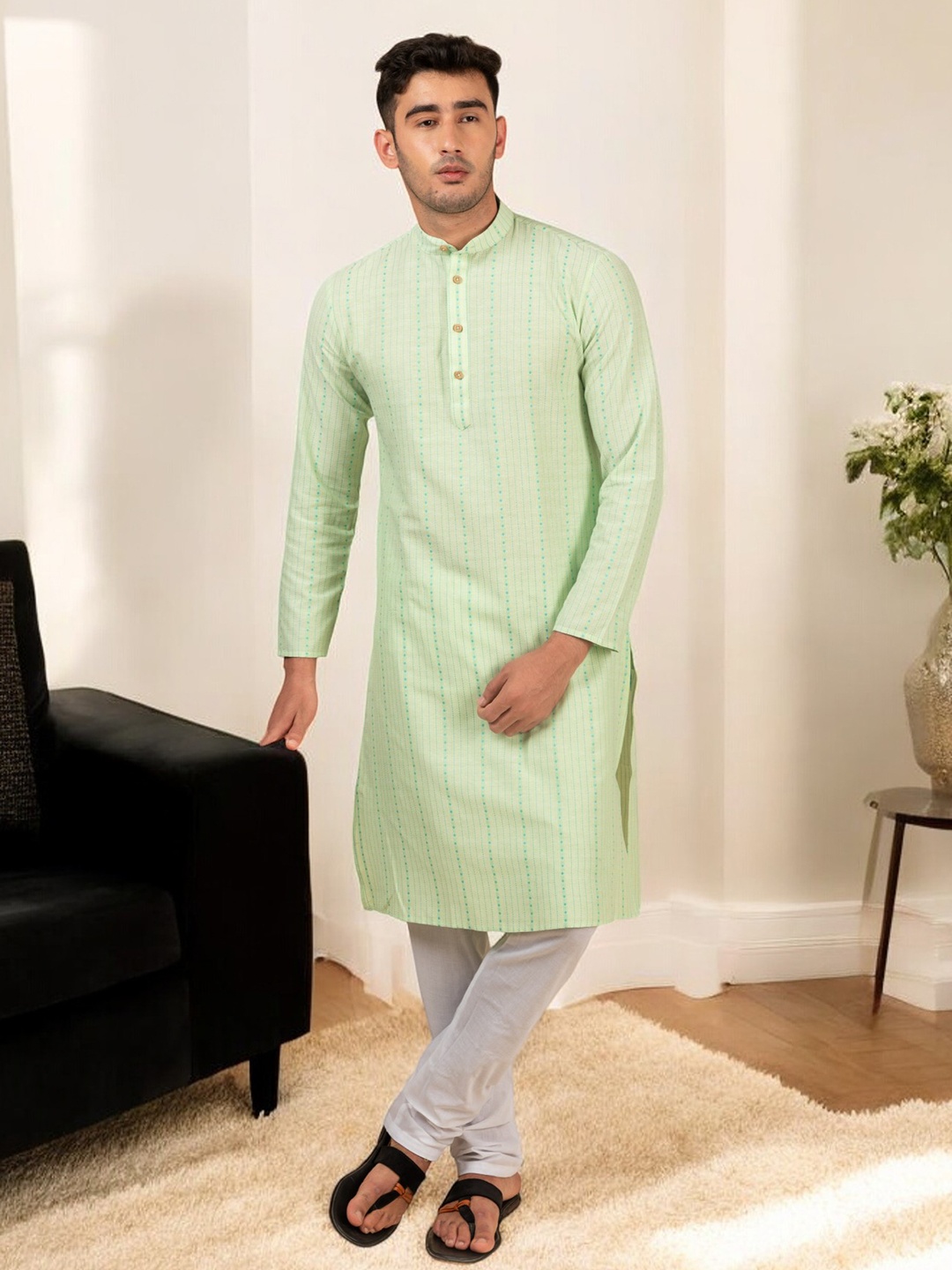 

TATTVA Striped Printed Band Collar Long Sleeve Cotton Kurta Set, Lime green