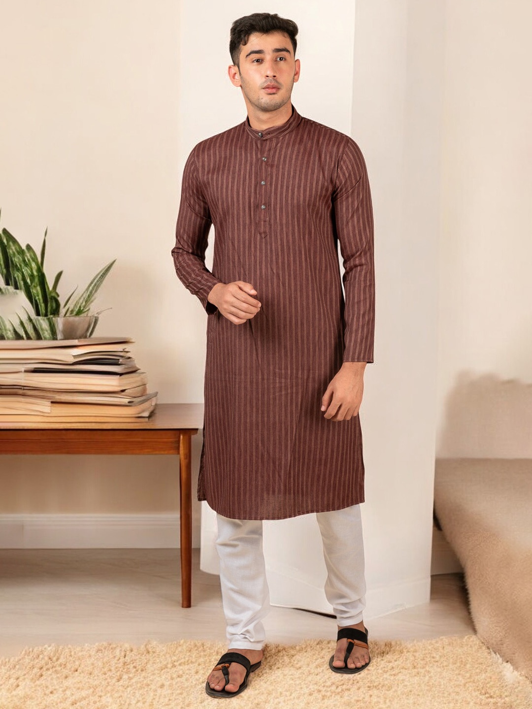 

TATTVA Striped Printed Band Collar Long Sleeve Cotton Kurta Set, Brown