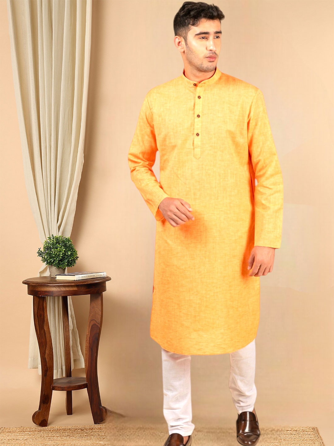 

TATTVA Band Collar Long Sleeve Cotton Straight Kurta Set, Orange