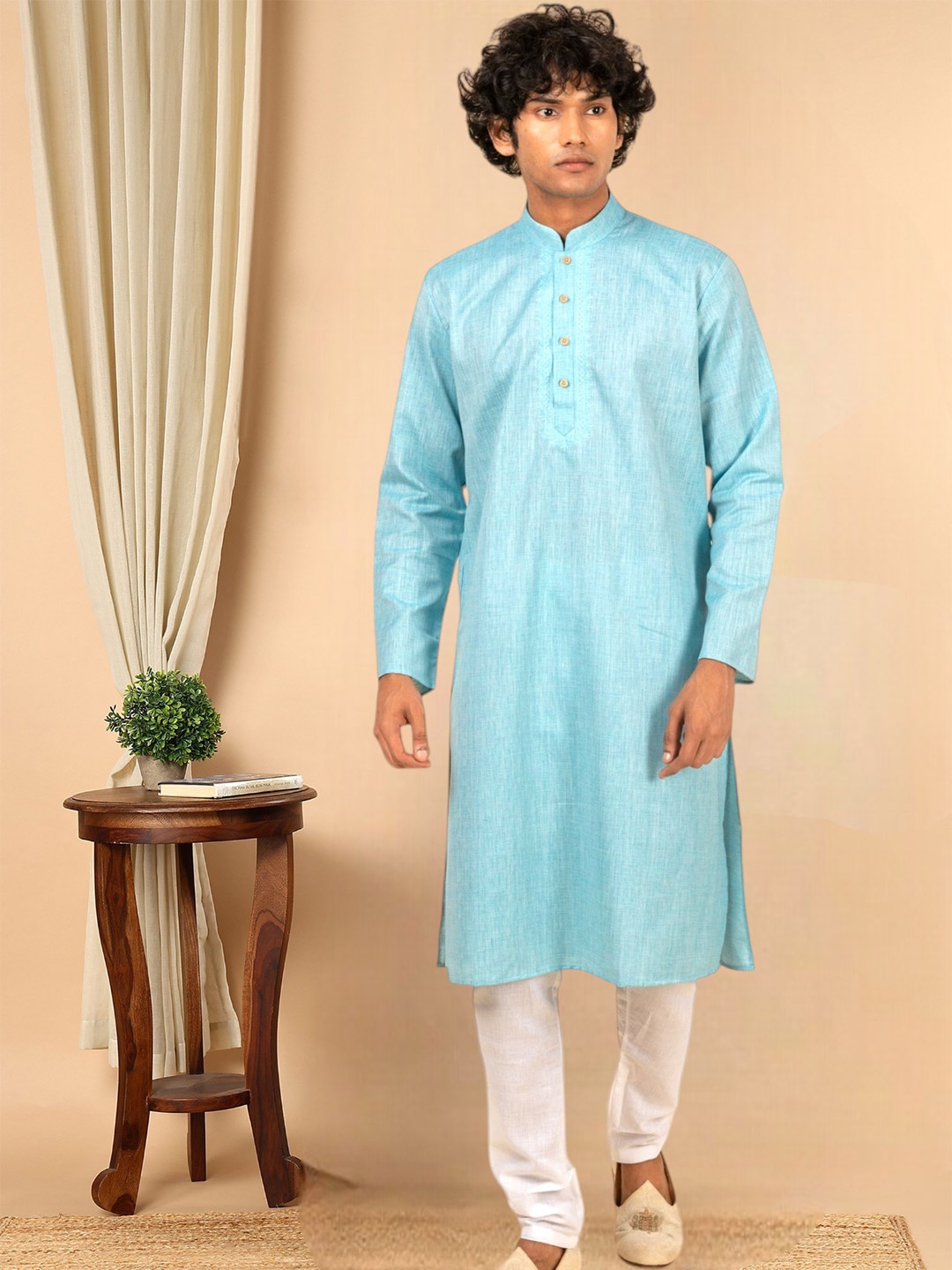 

TATTVA Mandarin Collar Long Sleeve Pure Cotton Kurta Set, Blue