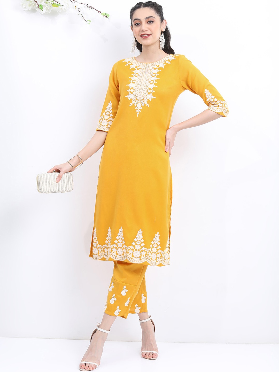 

KETCH Floral Embroidered Regular Thread Work Kurta With Trousers, Mustard