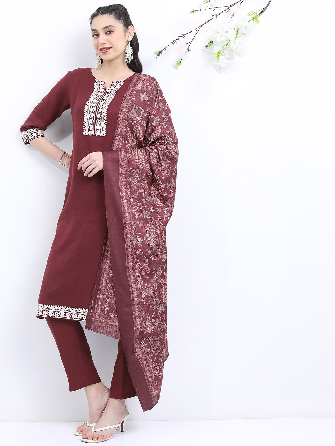 

KETCH Ethnic Motifs Yoke Design Regular Thread Work Kurta With Trousers & Dupatta, Burgundy