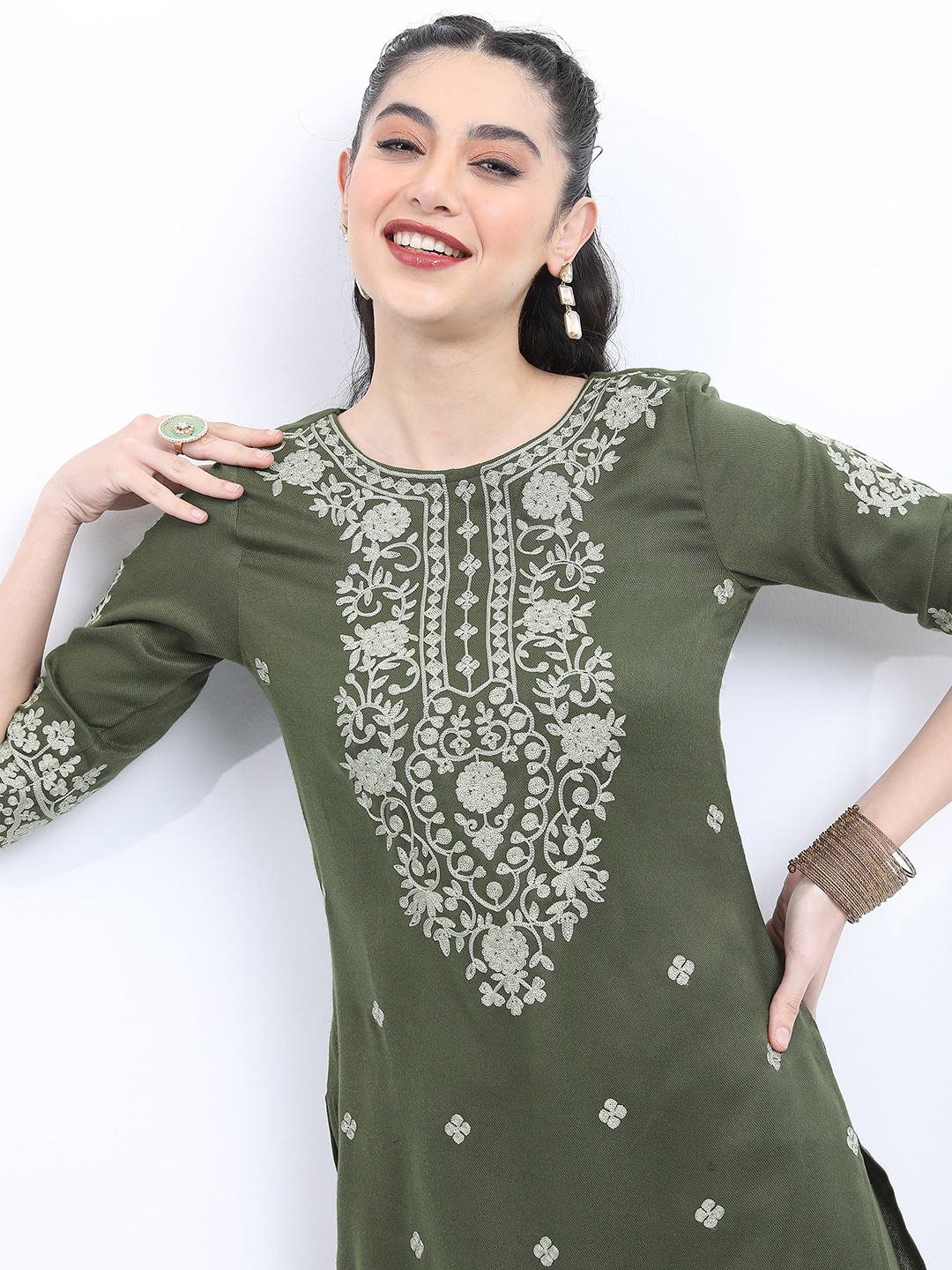 KETCH Floral Embroidered Regular Thread Work Kurta With Trousers, Olive
