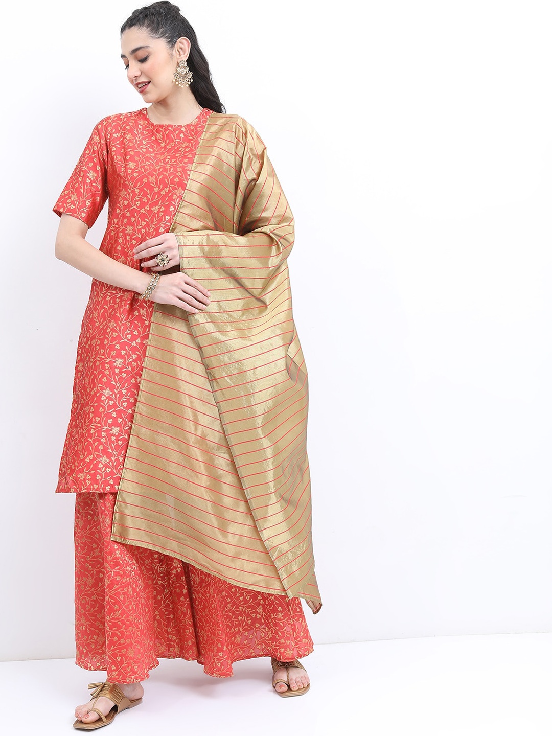 

KETCH Ethnic Motifs Woven Design Regular Zari Kurta With Sharara & Dupatta, Coral