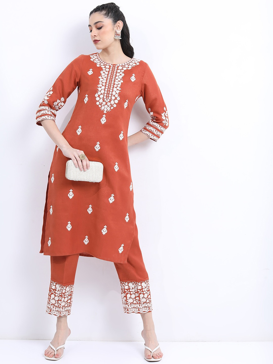 

KETCH Floral Embroidered Regular Thread Work Straight Kurta With Palazzos, Rust