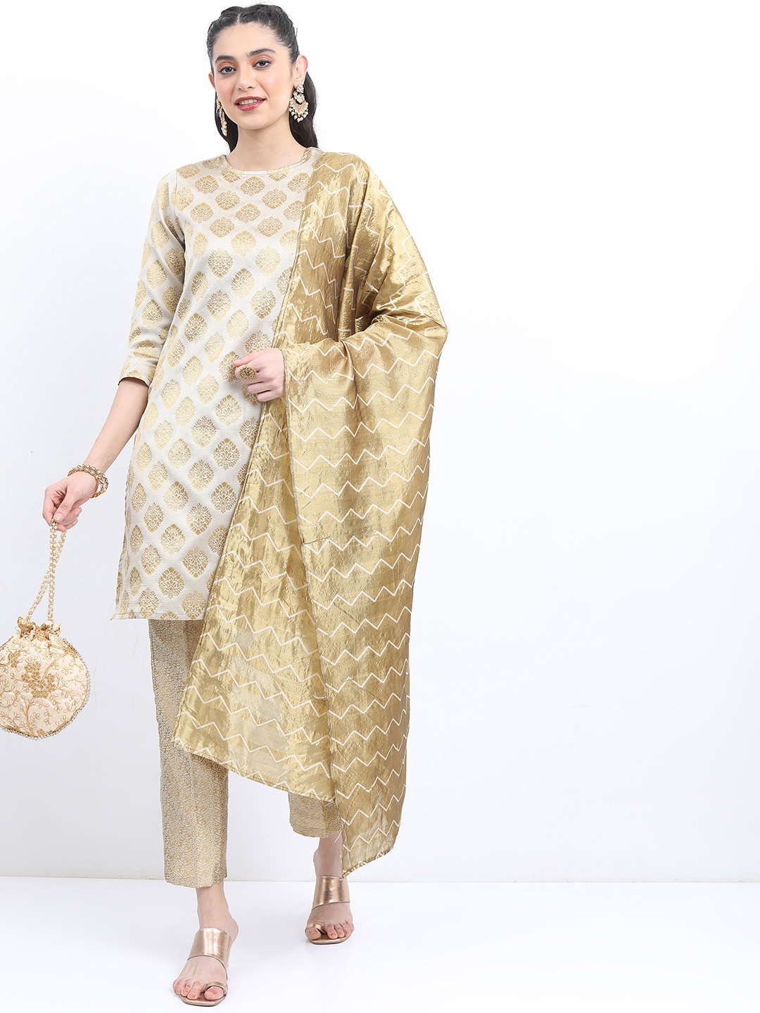 

KETCH Ethnic Motifs Printed Kurta with Trousers & With Dupatta, Beige