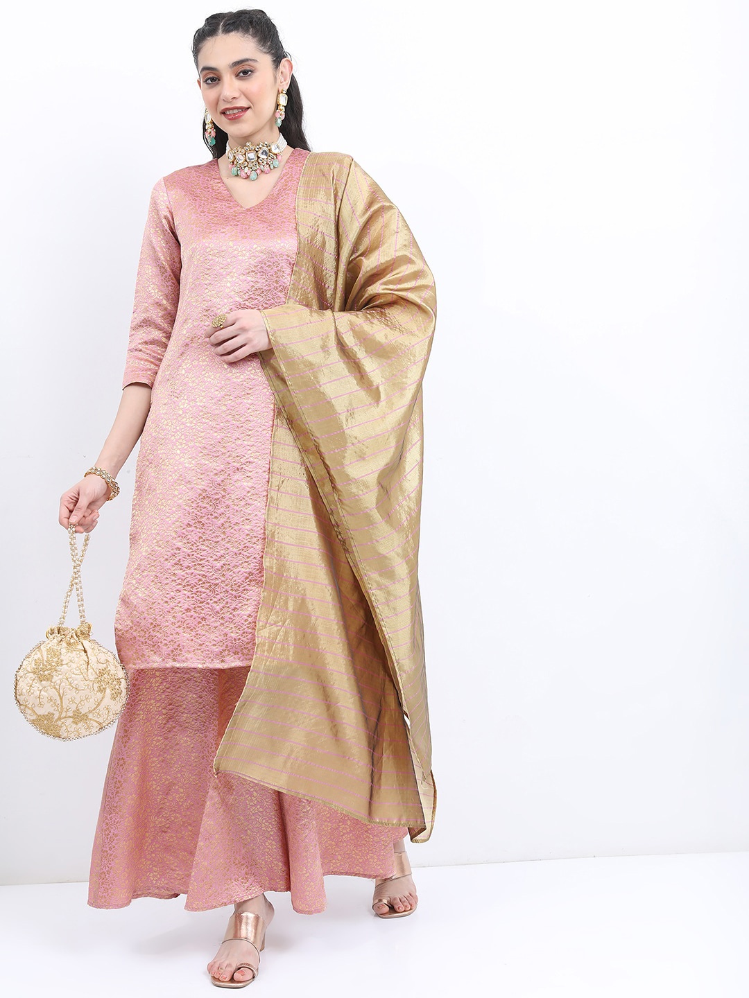 

KETCH Floral Woven Design Regular Zari Kurta With Sharara & Dupatta, Pink