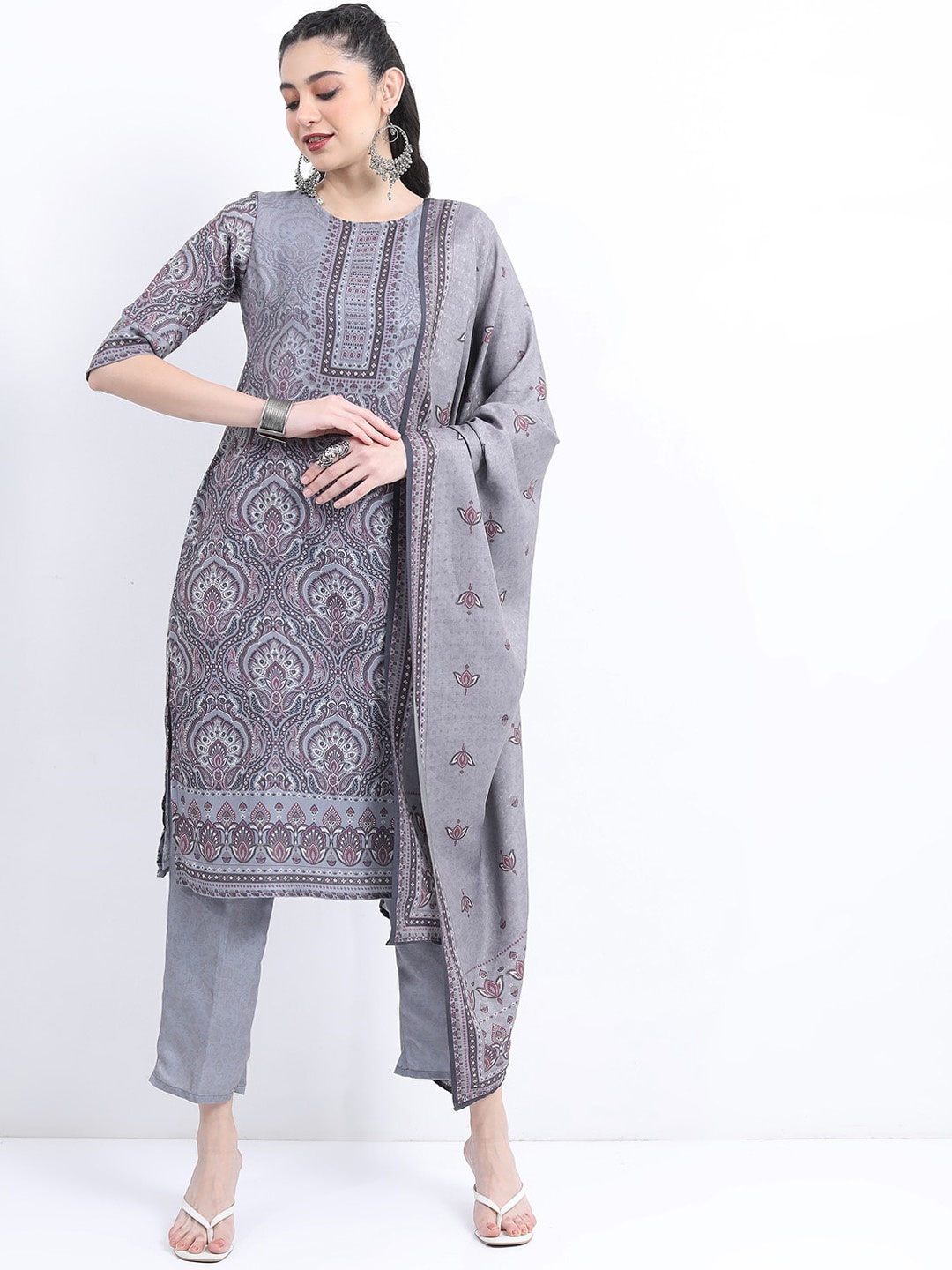 

KETCH Ethnic Motifs Printed Regular Kurta With Trousers & Dupatta, Grey