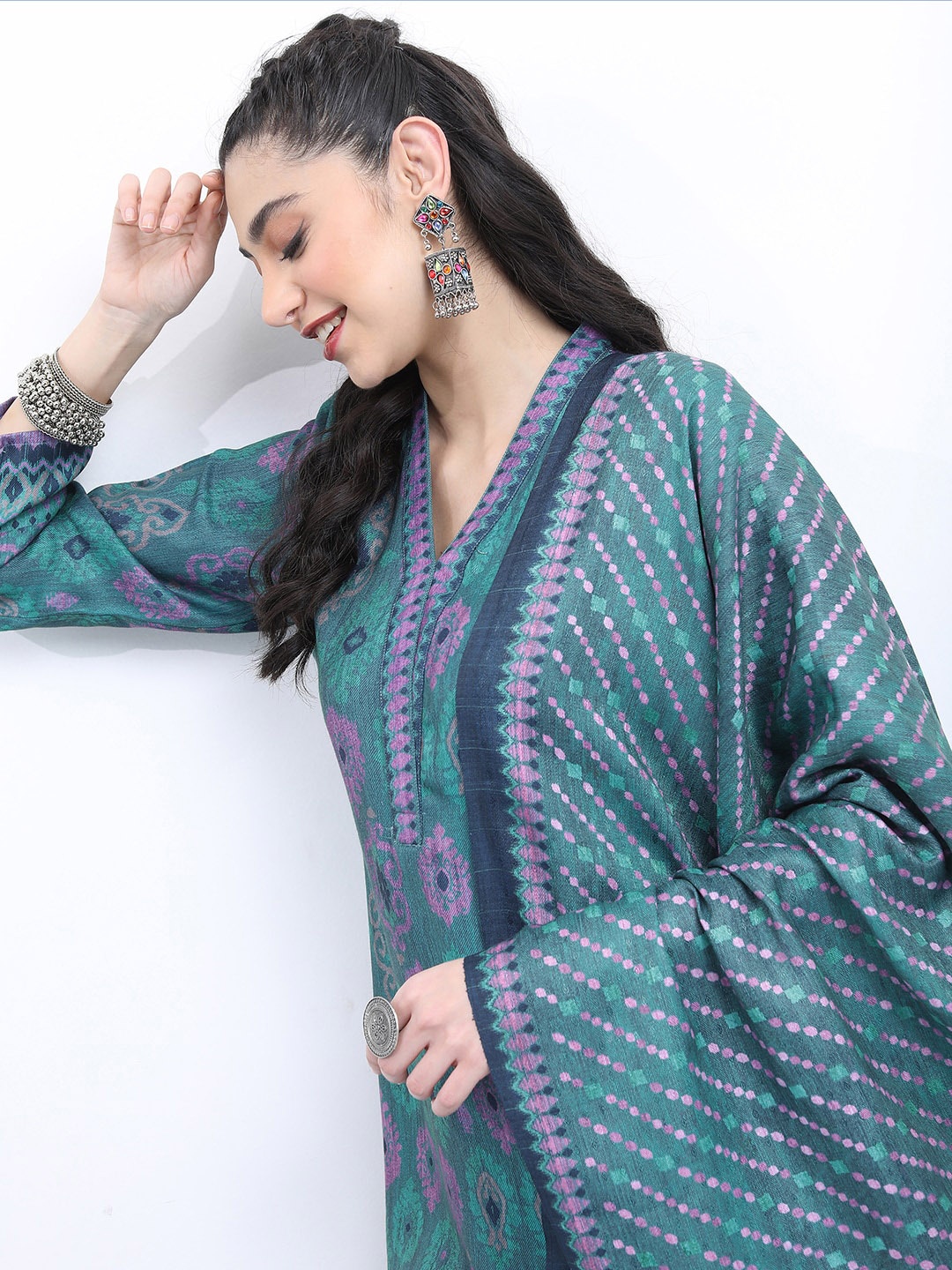 

KETCH Ethnic Motifs Printed Regular Kurta With Trousers & Dupatta, Teal