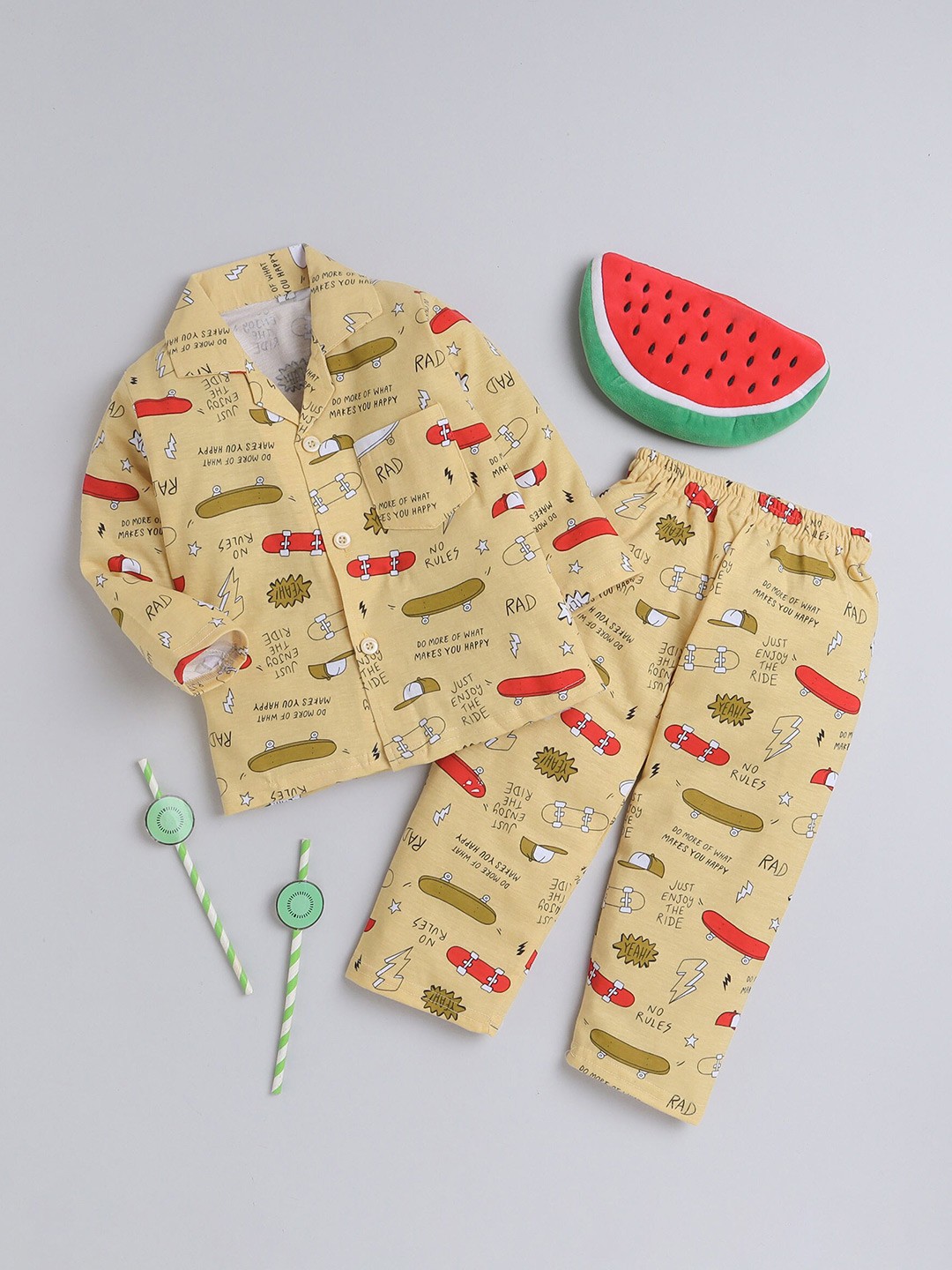 

FOURFOLDS Boys Typography Printed Shirt with Lounge Pants, Yellow
