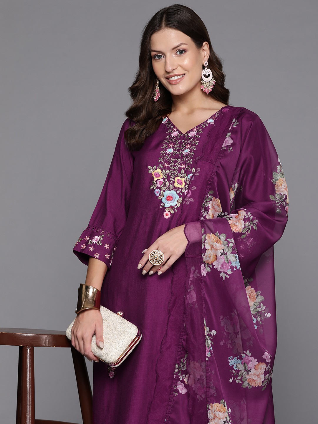 

Indo Era Women Floral Embroidered Regular Thread Work Kurta with Trousers & Dupatta, Purple