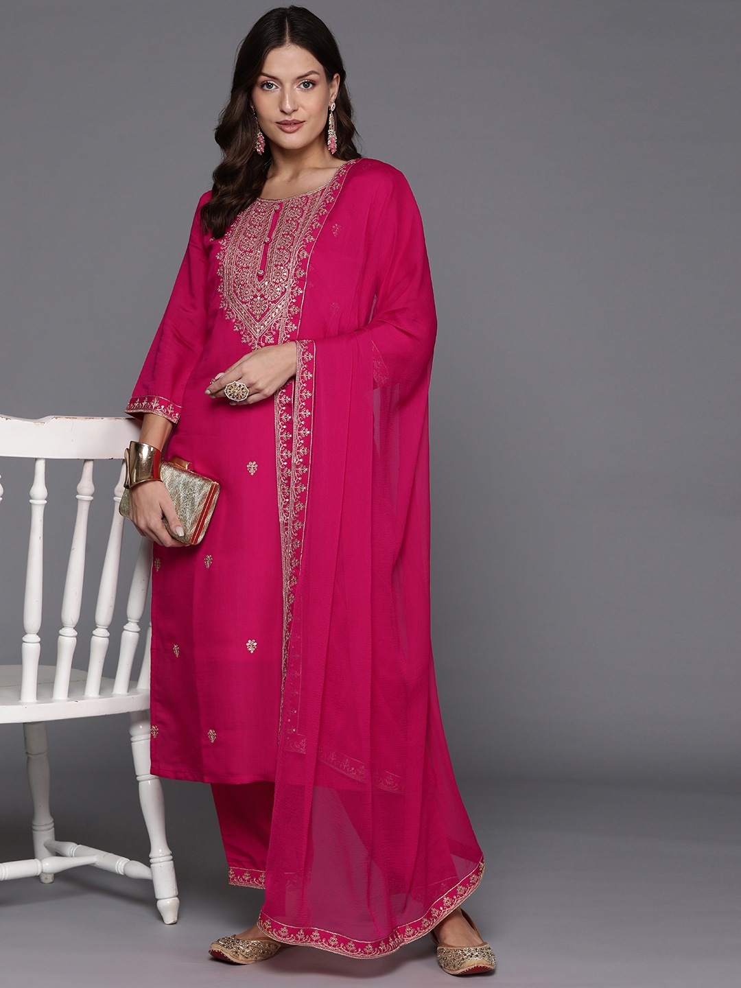 

Indo Era Women Ethnic Motifs Yoke Design Regular Sequinned Kurta with Trousers & Dupatta, Pink