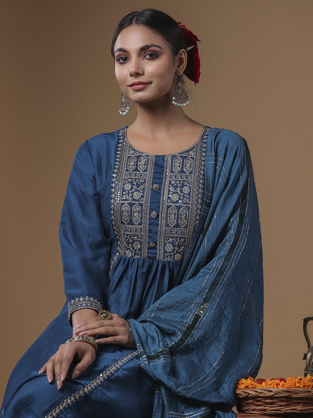 

Indo Era Embroidered Panelled Sequinned Kurta with Trousers & Dupatta, Teal