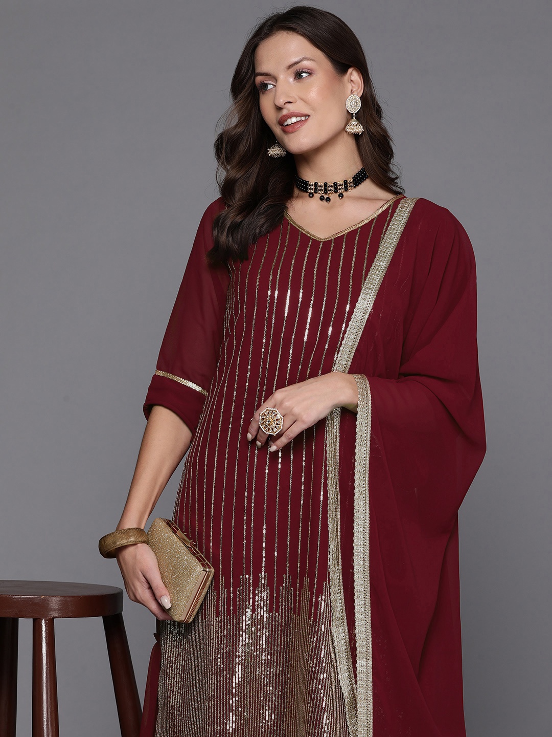 

Indo Era Embroidered Regular Sequinned Kurta with Sharara & Dupatta, Maroon