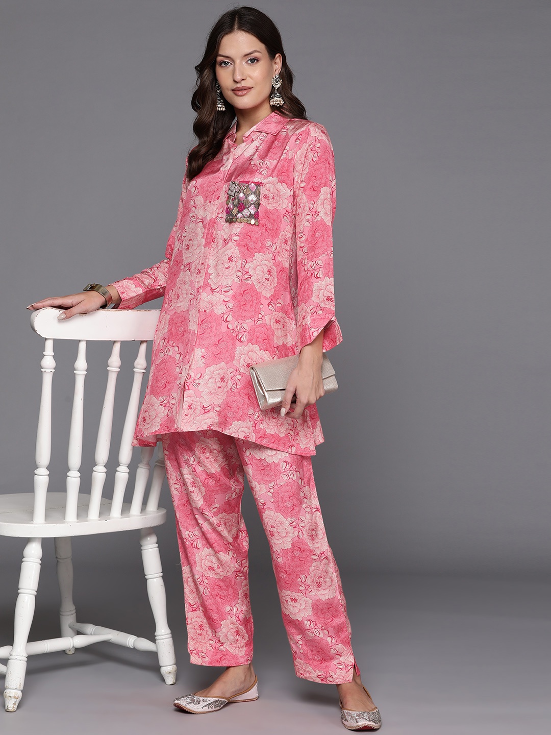 

Indo Era Floral Printed Tunic with Trousers, Pink