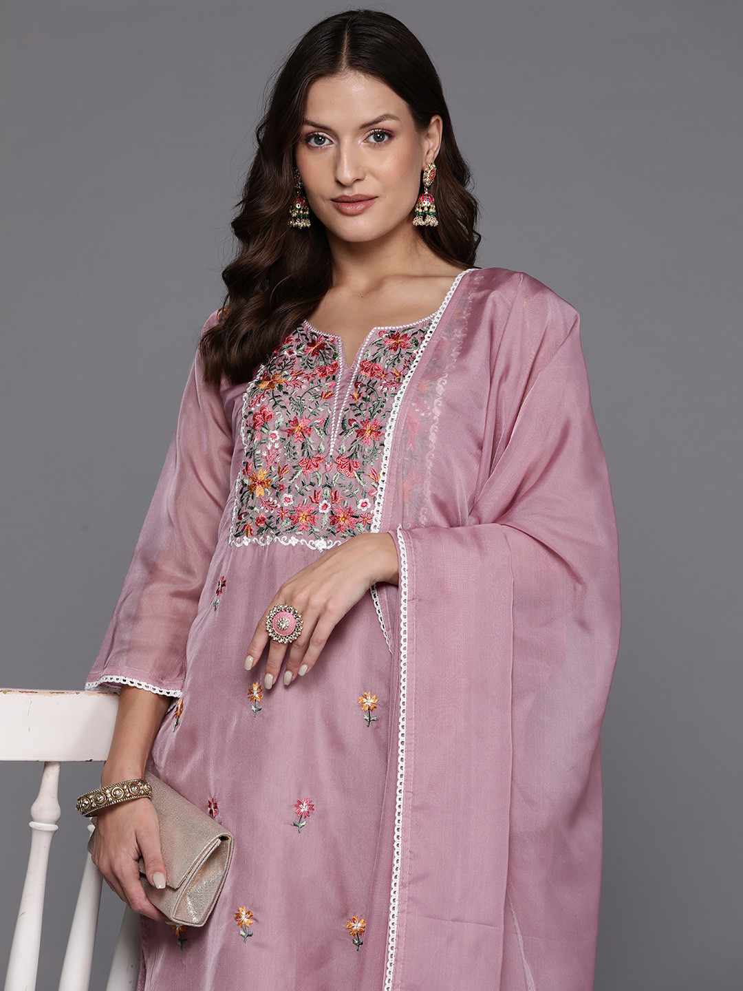 

Indo Era Women Floral Yoke Design Regular Thread Work Kurta with Trousers & Dupatta, Pink