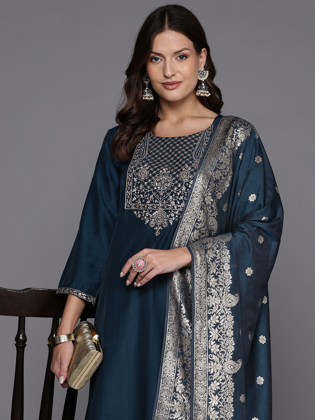 

Indo Era Women Floral Yoke Design Regular Sequinned Kurta with Trousers & With Dupatta, Navy blue