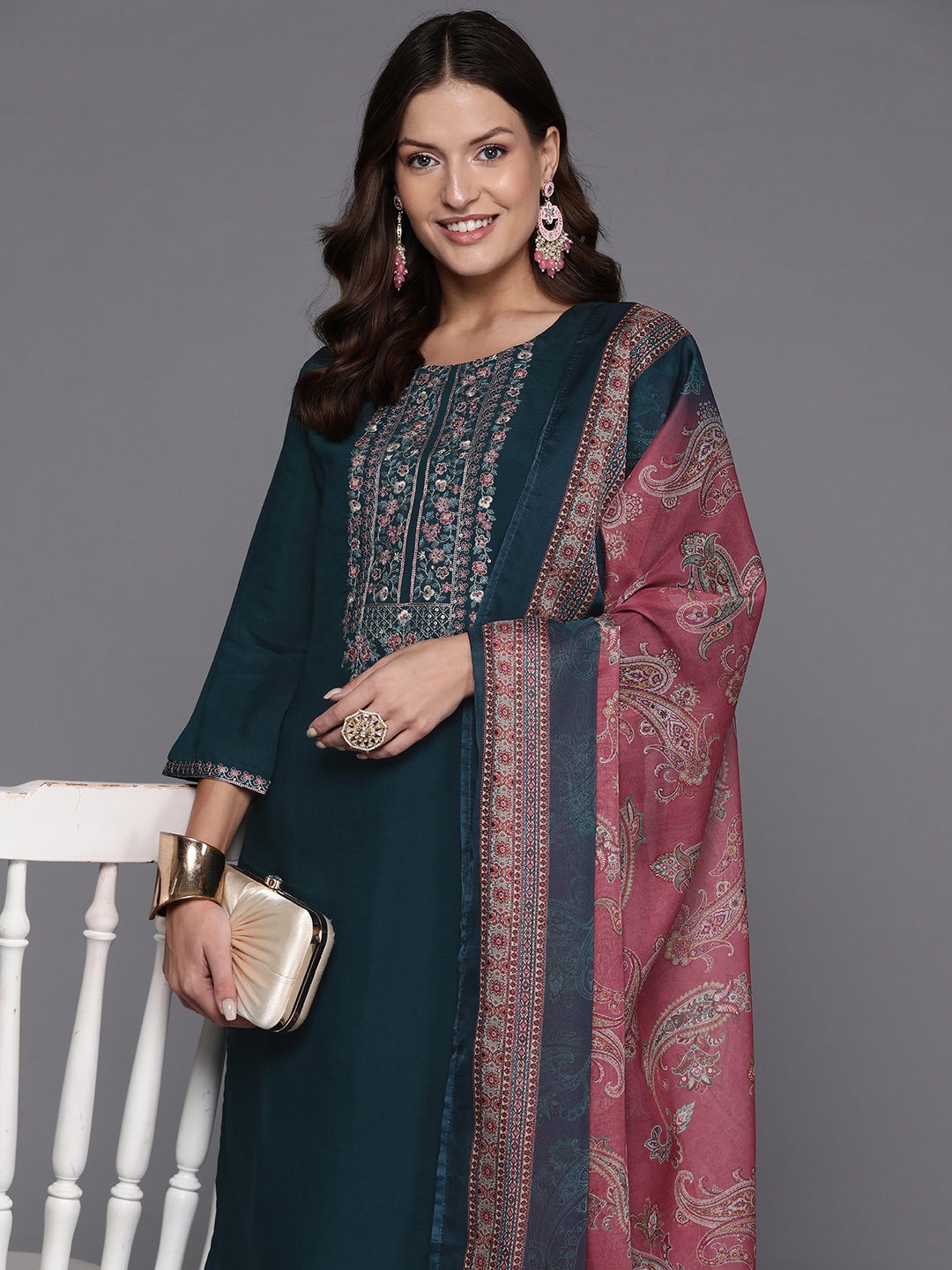 

Indo Era Women Floral Yoke Design Regular Thread Work Kurta with Trousers & With Dupatta, Teal