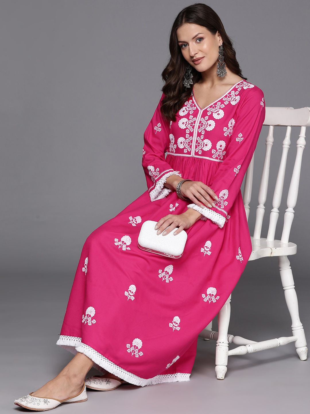 

Indo Era Floral Embroidered Bell Sleeve A-Line Midi Dress, Pink