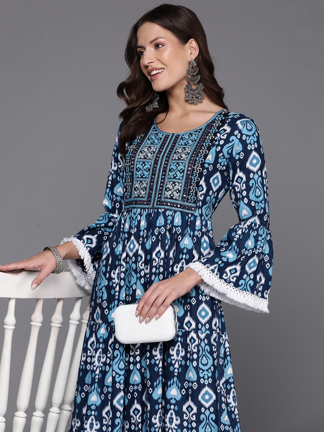 

Indo Era Ethnic Motifs Print Bell Sleeve A-Line Midi Dress, Blue