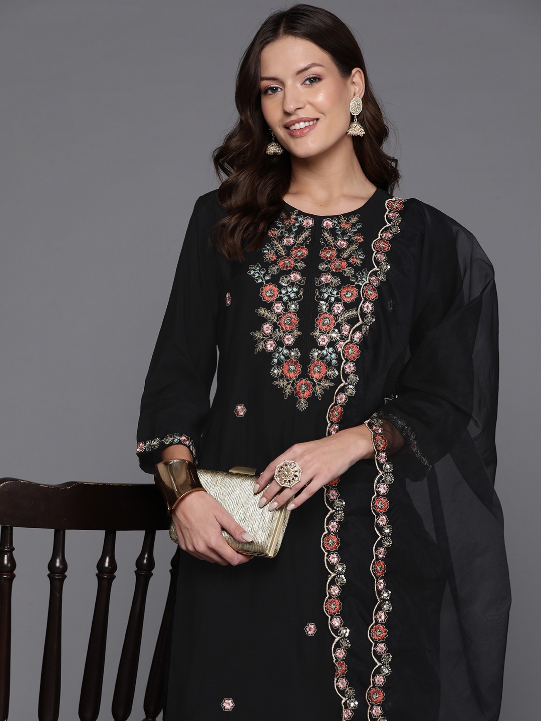 

Indo Era Women Floral Yoke Design Regular Thread Work Kurta with Trousers & With Dupatta, Navy blue