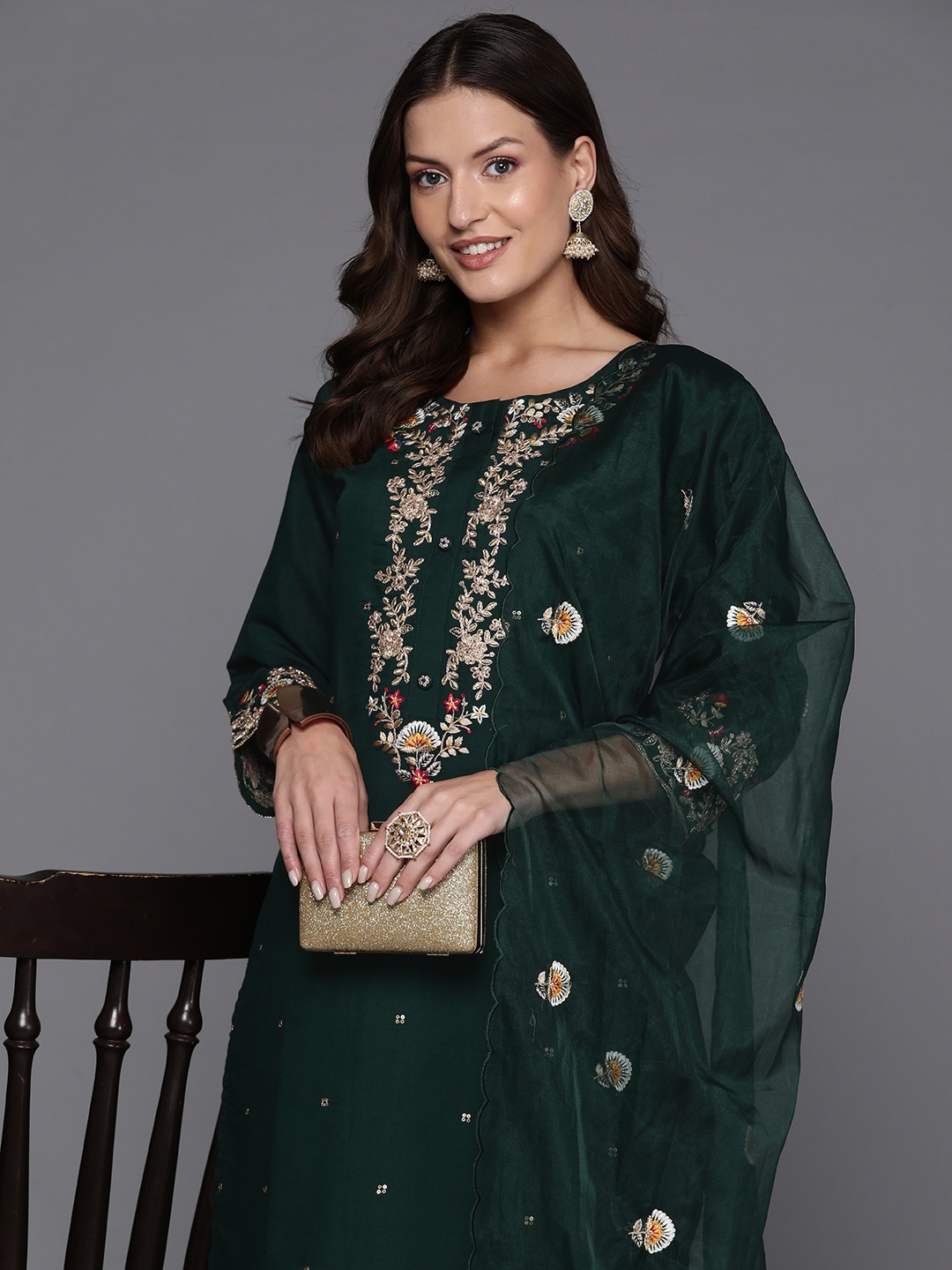 

Indo Era Women Floral Yoke Design Regular Thread Work Kurta with Trousers & With Dupatta, Green