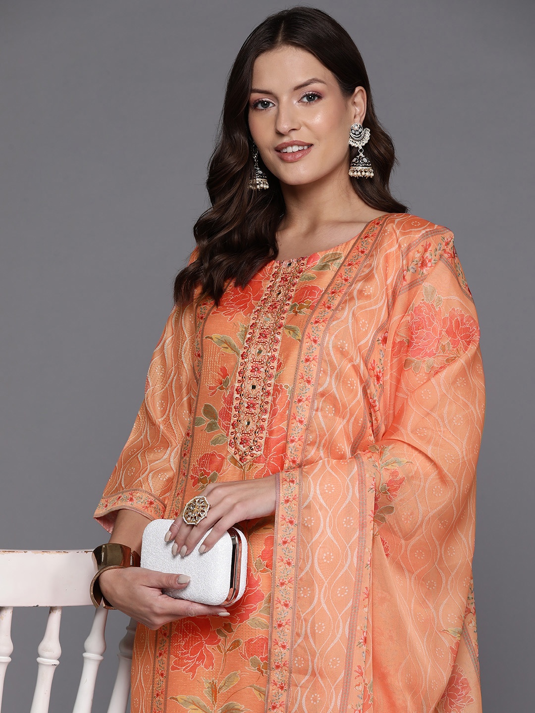 

Indo Era Women Floral Embroidered Regular Mirror Work Kurta with Trousers & With Dupatta, Orange