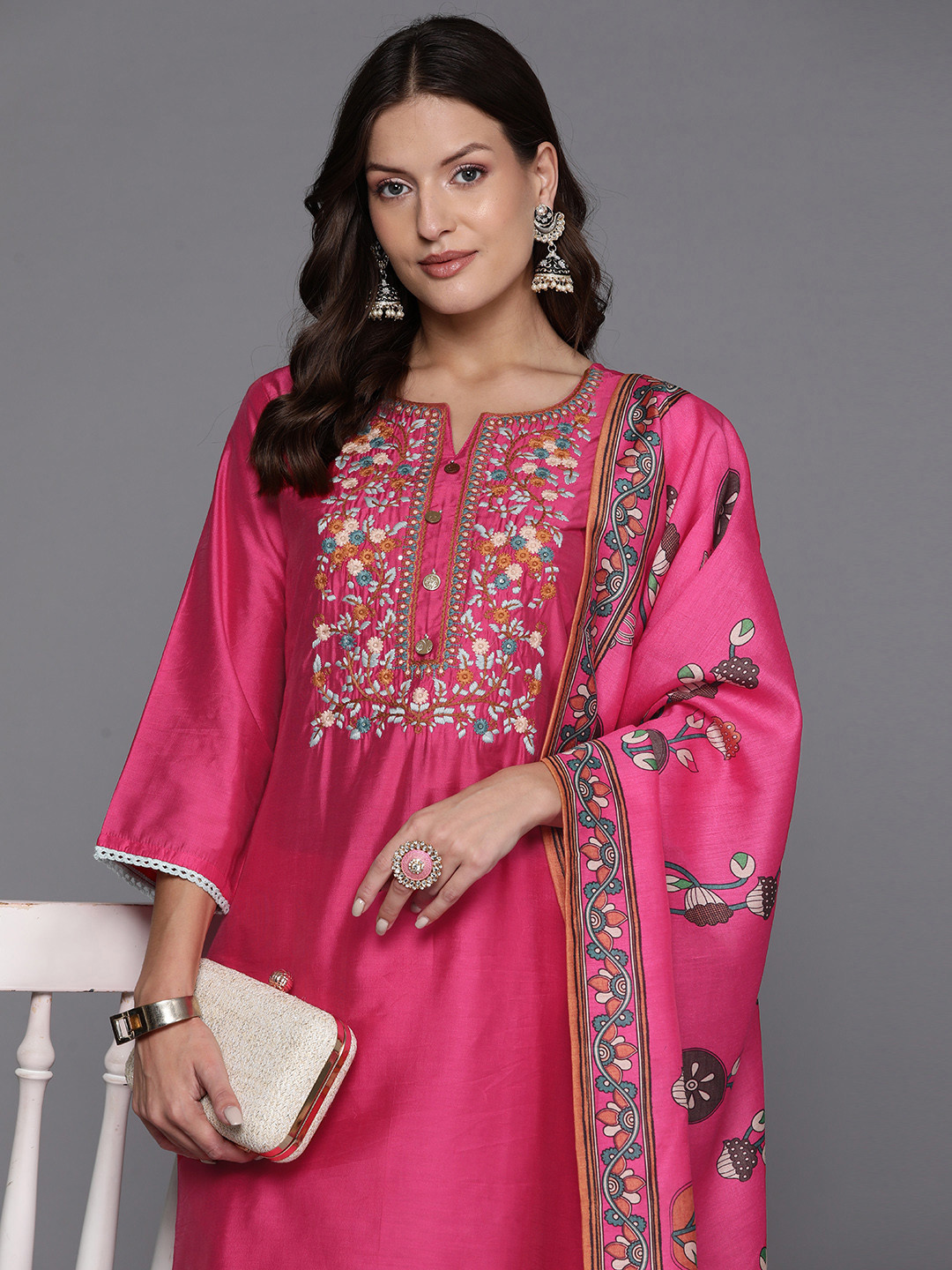 

Indo Era Women Floral Yoke Design Regular Thread Work Kurta with Trousers & Dupatta, Pink