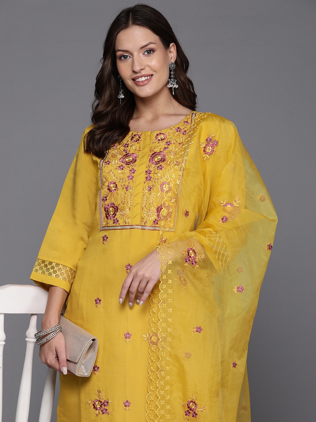 

Indo Era Women Floral Embroidered Regular Thread Work Kurta with Trousers & Dupatta, Yellow