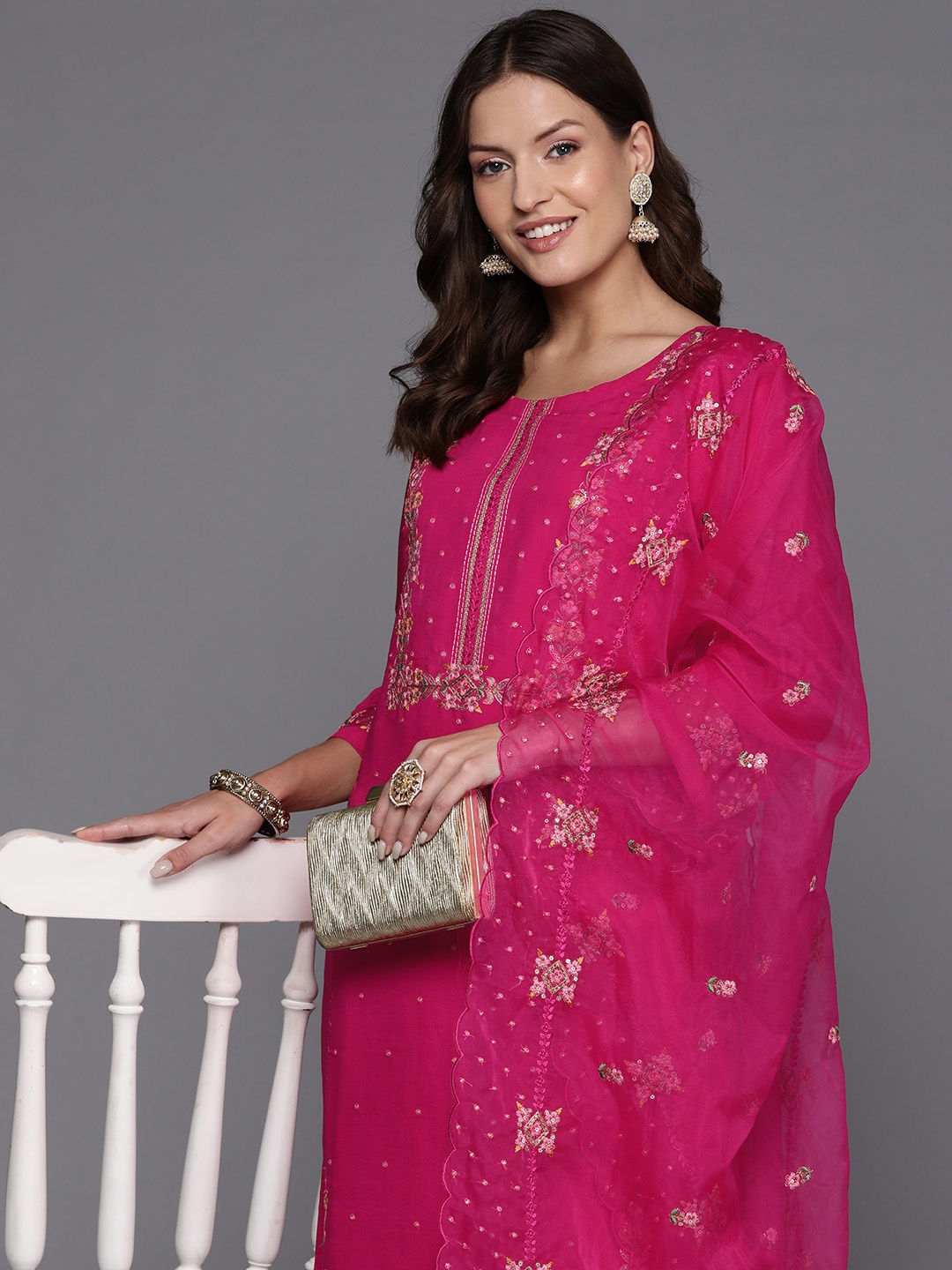 

Indo Era Women Floral Yoke Design Regular Sequinned Kurta with Trousers & Dupatta, Pink