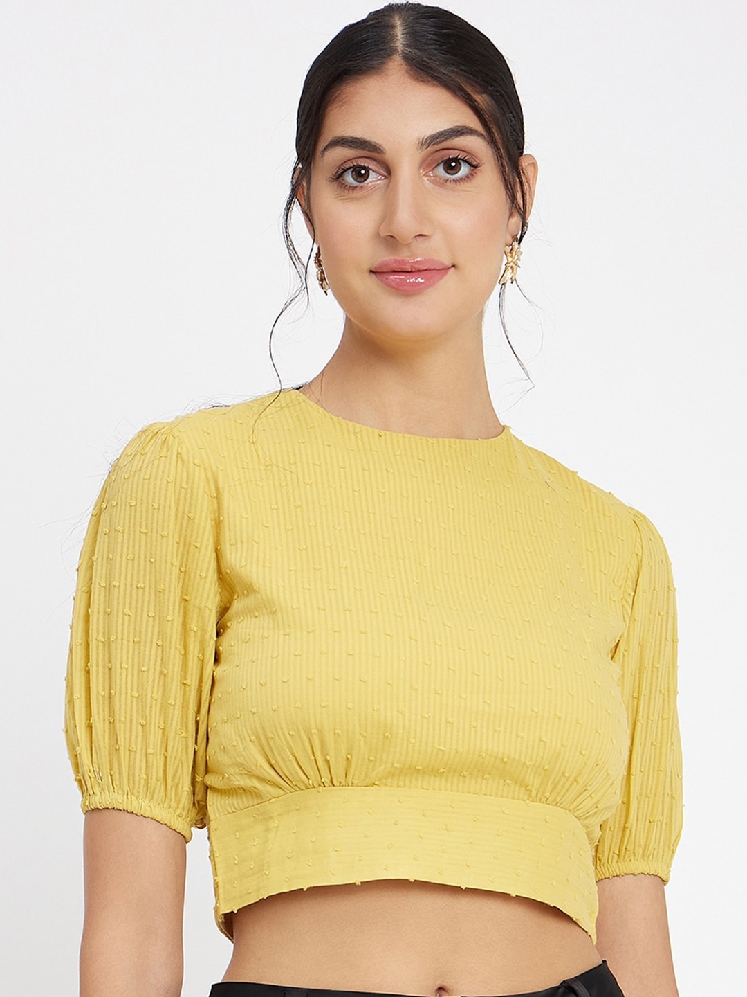 

CAMLA Round Neck Puff Sleeve Smocked Cotton Crop Top, Mustard