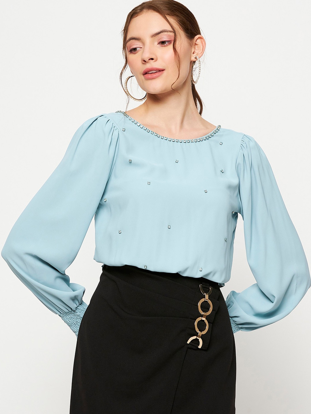 

CAMLA Embellished Puff Sleeve Smocking Blouson Top, Turquoise blue