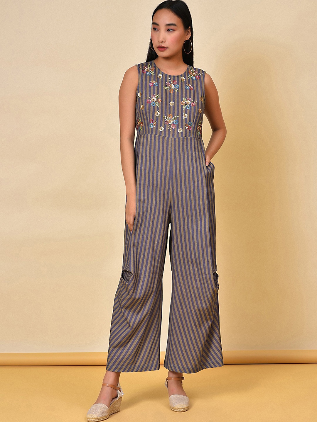 

NUHH Striped Embellished Cotton Basic Jumpsuit, Grey