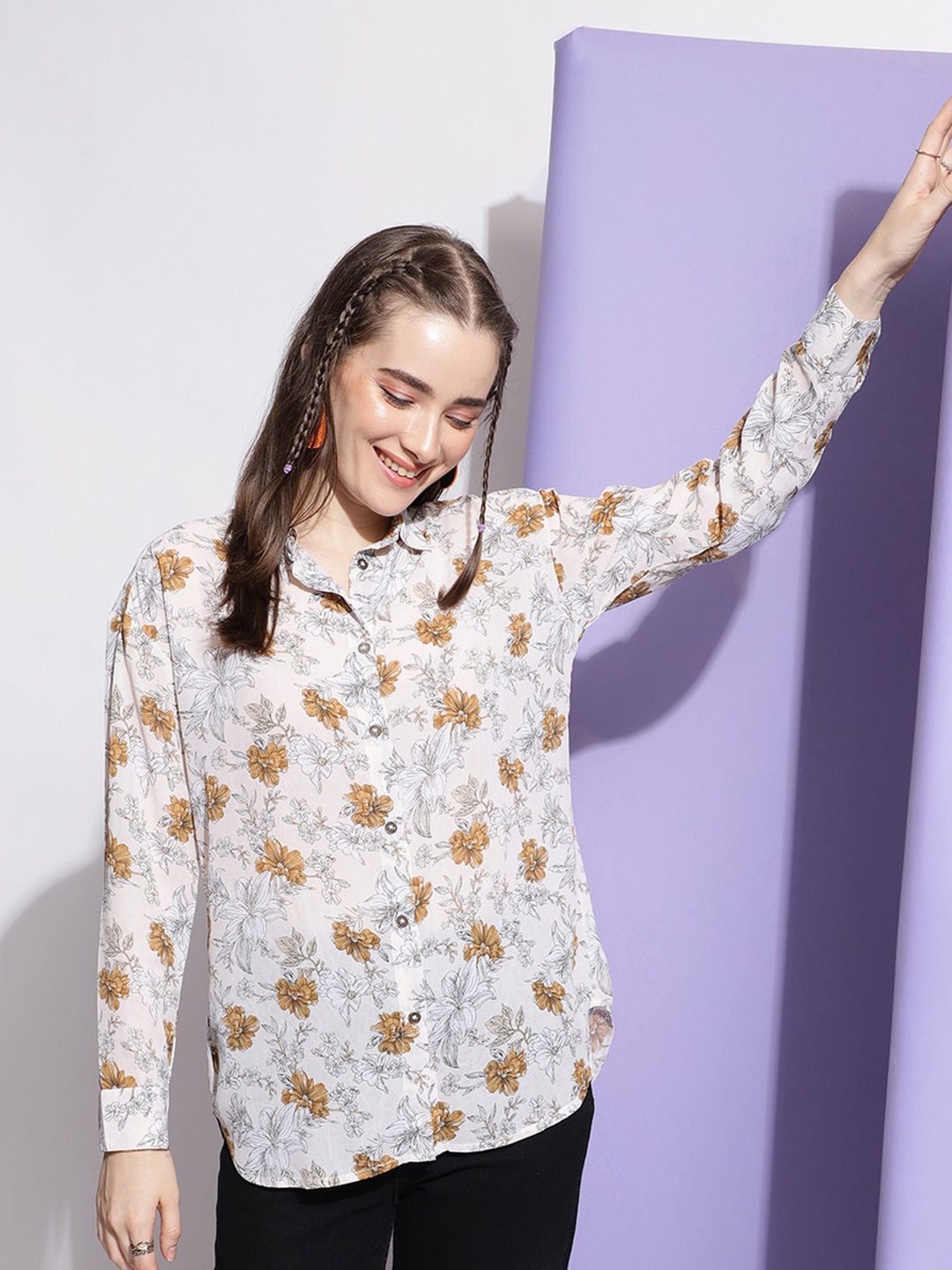 

Colors of Earth Floral Printed Classic Casual Shirt, White