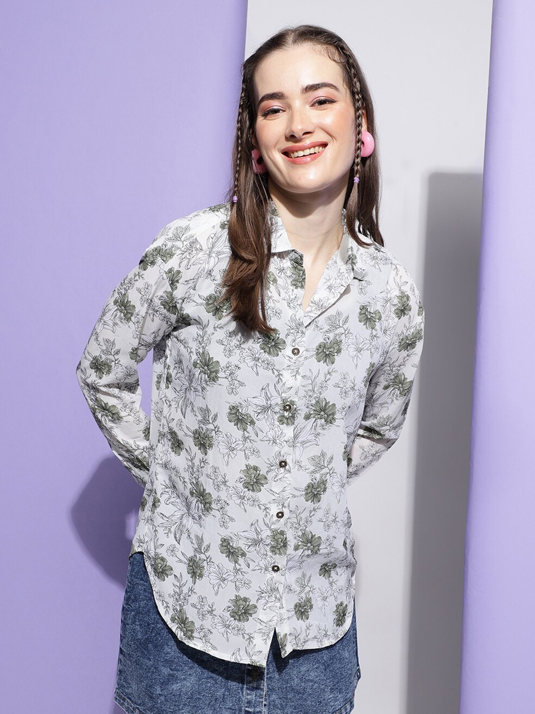 

Colors of Earth Floral Printed Classic Casual Shirt, White