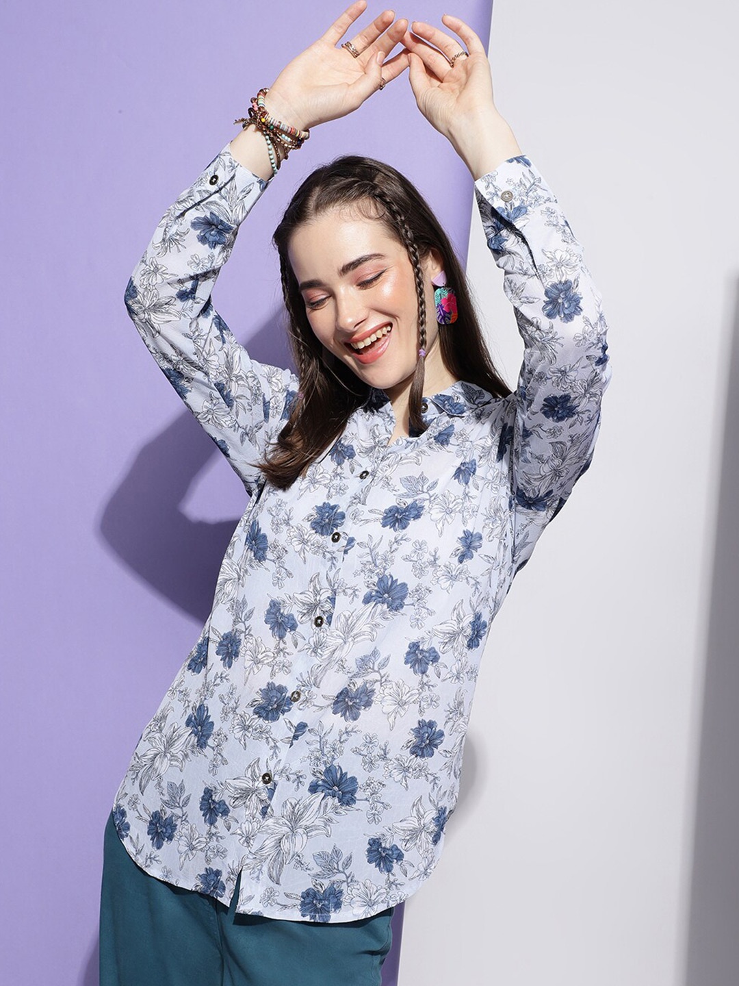 

Colors of Earth Floral Printed Classic Casual Shirt, White