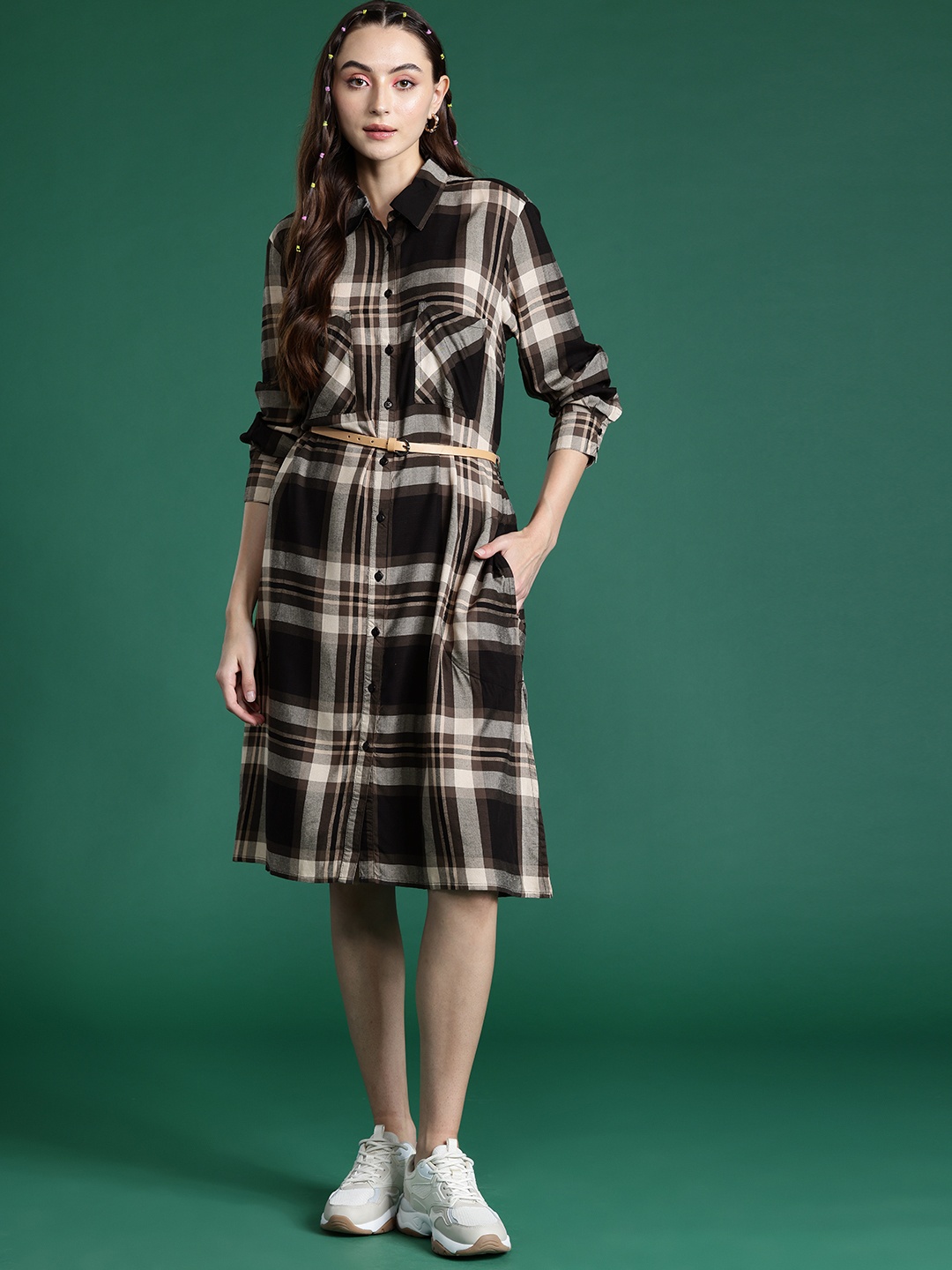 

DressBerry Checked Shirt Midi Dress with Belt, Black