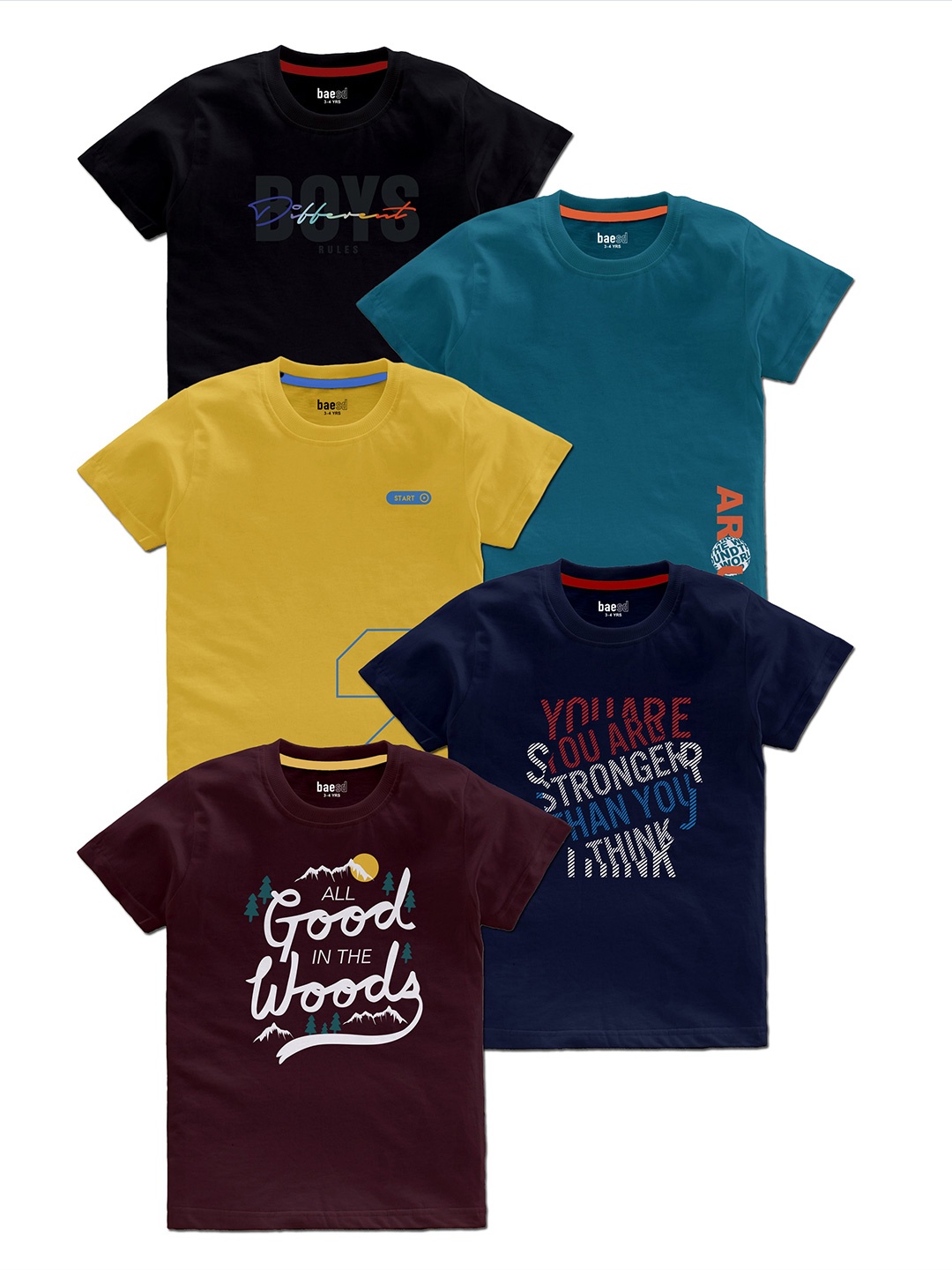 BAESD Boys Pack Of 5 Typography Printed T-Shirt, Black