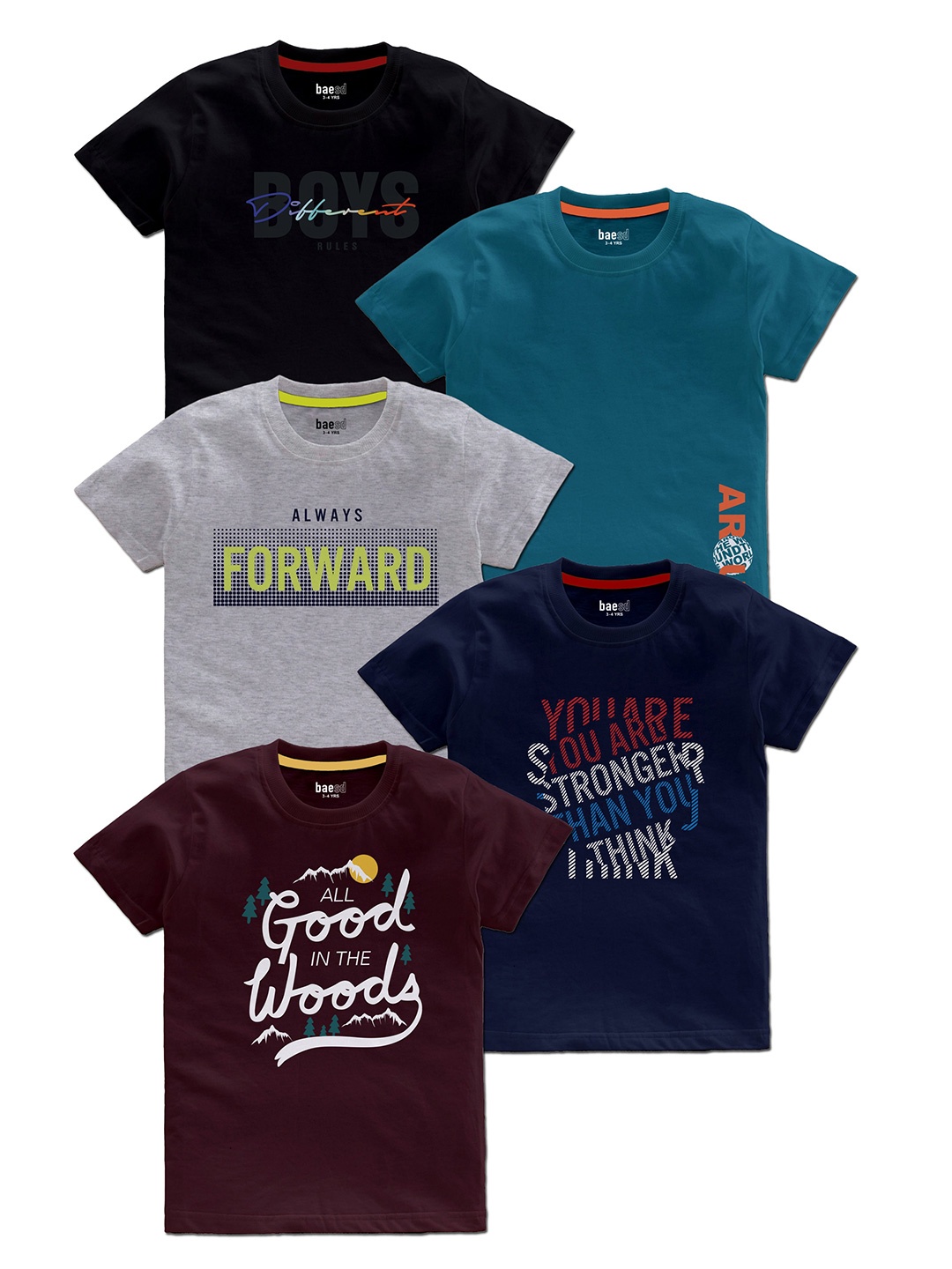 

BAESD Boys Pack Of 5 Typography Printed Cotton T-Shirt, Black