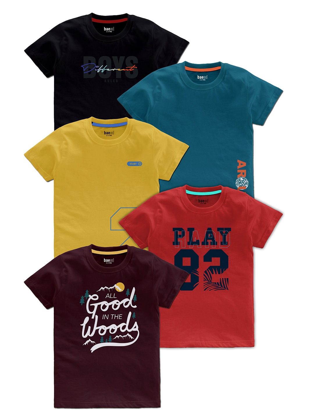 

BAESD Boys Pack Of 5 Typography Printed T-shirts, Black