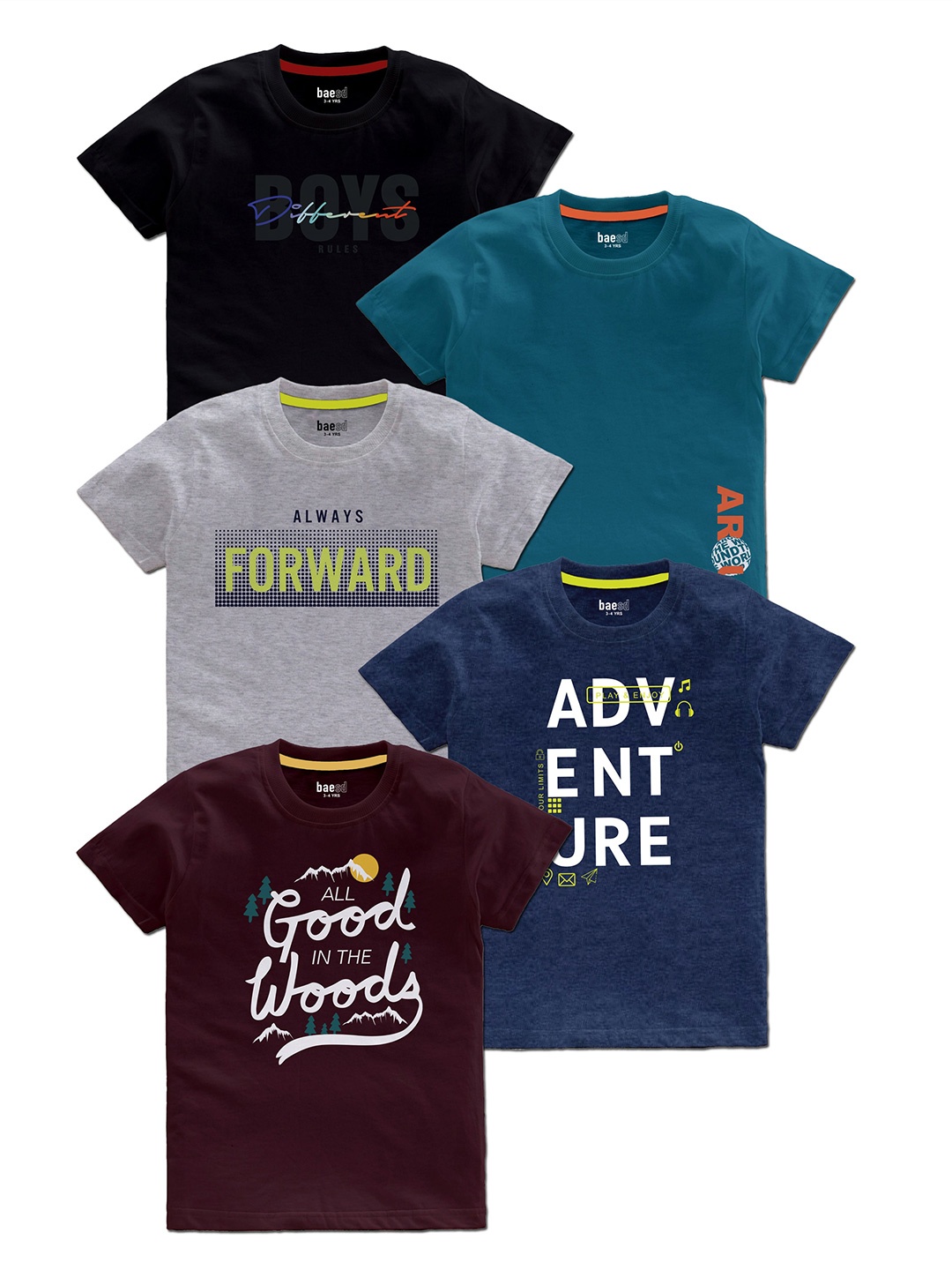 

BAESD Boys Pack Of 5 Typography Printed T-shirts, Black