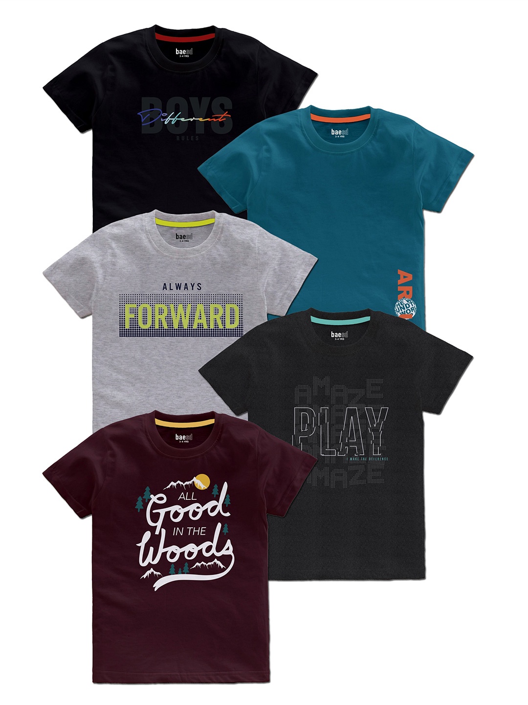 

BAESD Boys Pack Of 5 Typography Printed Round Neck Short Sleeves Tshirts, Black