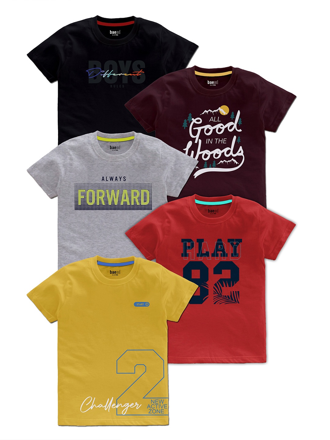 

BAESD Boys Pack Of 5 Typography Printed T-shirt, Black